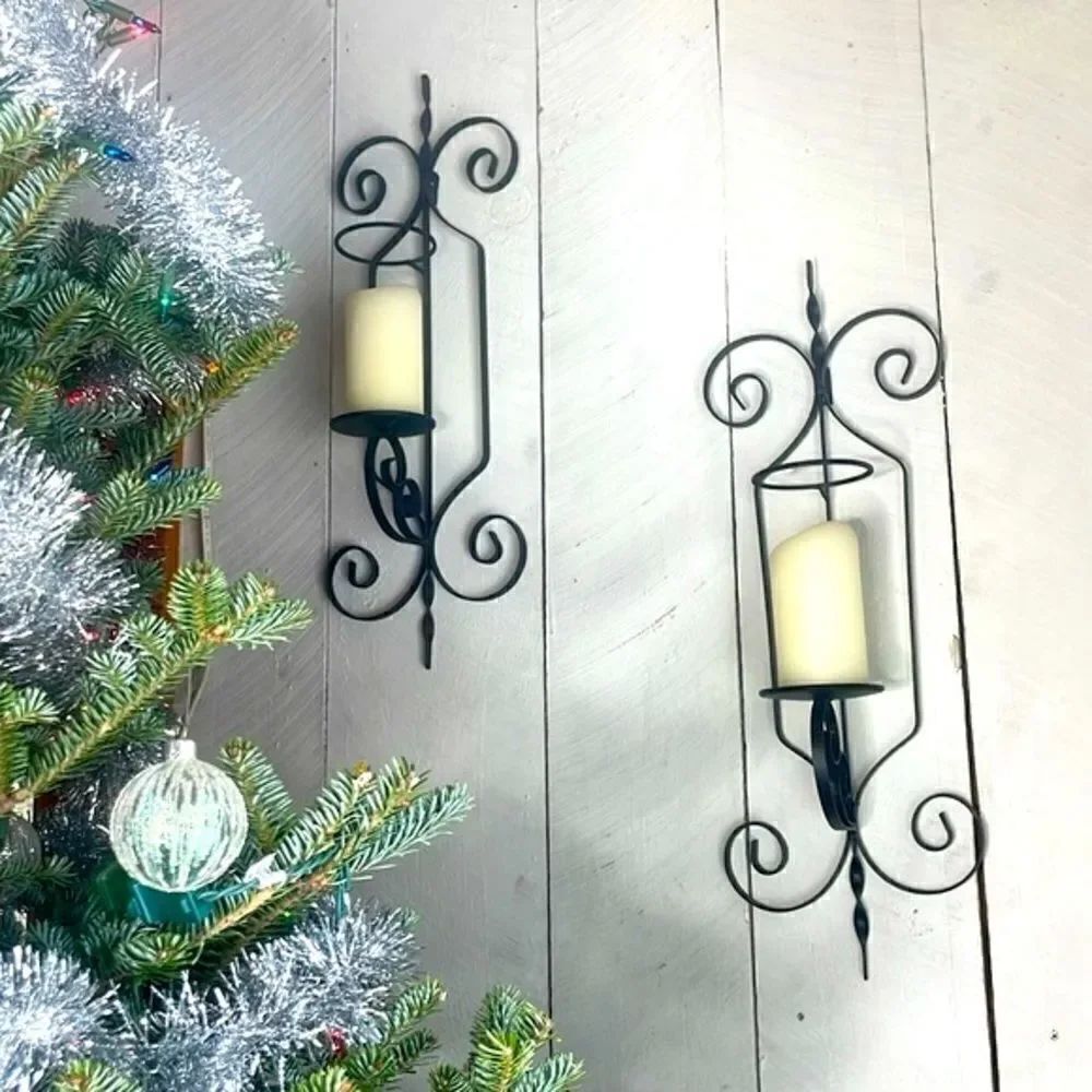 Vintage Pair of Wrought IronβCandleβHolderβWallβSconces